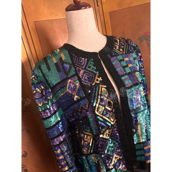 Vintage silk sequined jacket by Niteline by Della Roufogali, size L - Picture 3 of 7